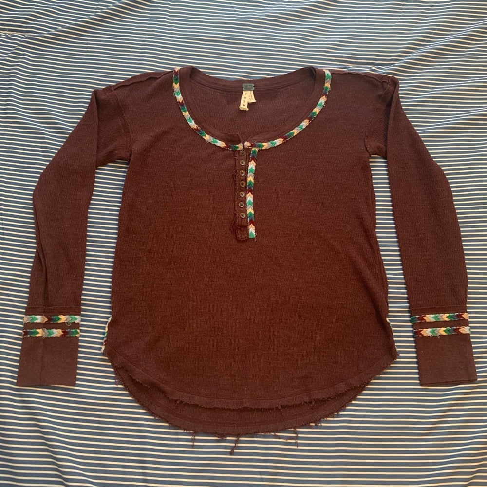 Free People Embroidered Thermal Long Sleeve Top